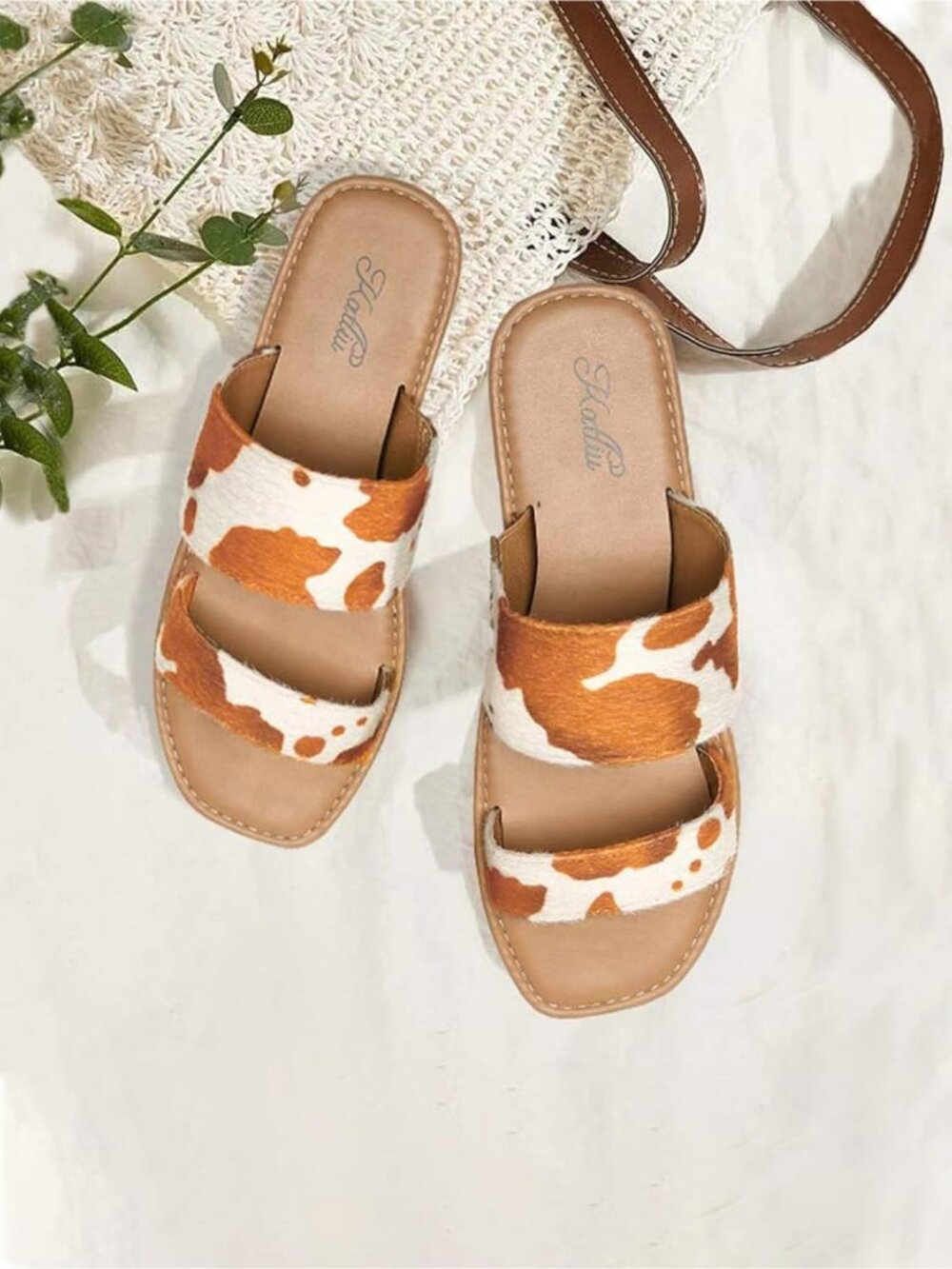 Women's Cow Print Open Square Toe Two Strap Slip On Flat Casual Sandal Shoes - Picture 2 of 6